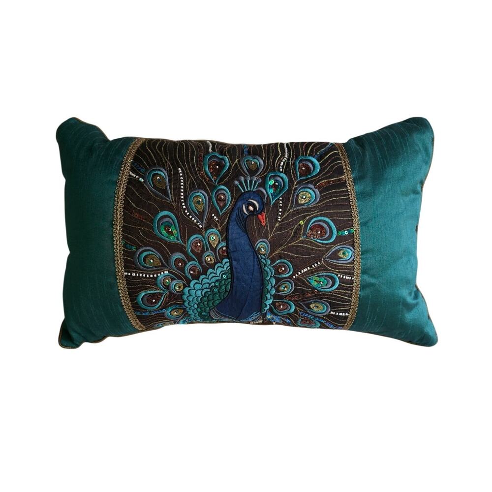 Pier 1 Teal Blue Peacock Lumbar Pillow Embroidered Beaded Sequined Throw Cushion